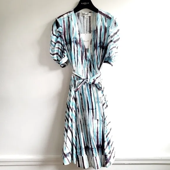 New DVF Indra Cotton Poplin Tie Dye Rain Mini Wrap Dress NWT Small