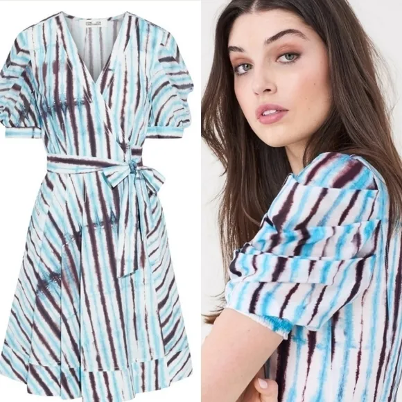 New DVF Indra Cotton Poplin Tie Dye Rain Mini Wrap Dress NWT Small