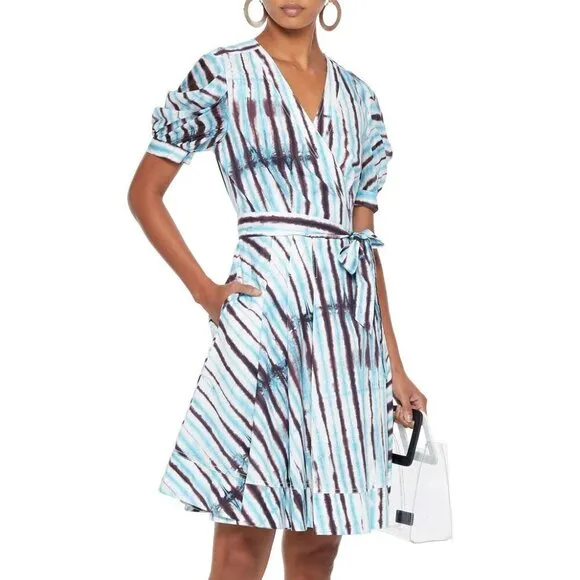New DVF Indra Cotton Poplin Tie Dye Rain Mini Wrap Dress NWT Small