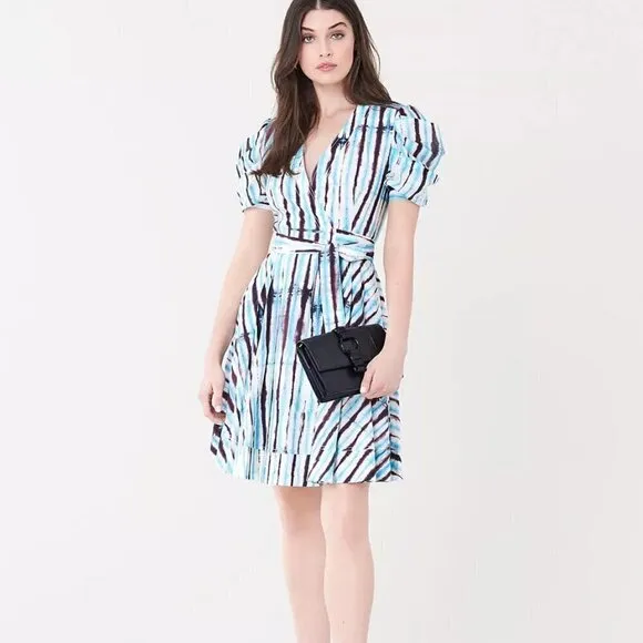 New DVF Indra Cotton Poplin Tie Dye Rain Mini Wrap Dress NWT Small