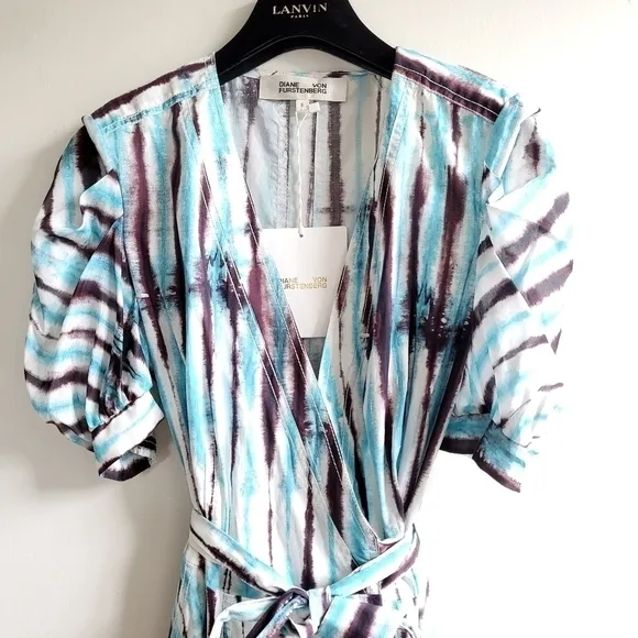 New DVF Indra Cotton Poplin Tie Dye Rain Mini Wrap Dress NWT Small