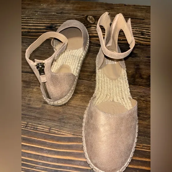 NEW Eileen Fisher Lala Espadrille Bronzed Metallic Gold Ankle Strap Ballet Flats
