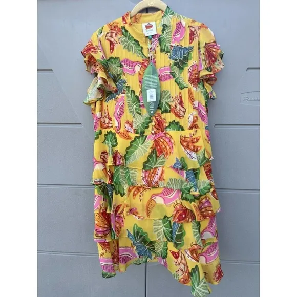 NEW FARM RIO Womens Yellow Beaks And Bananas Ruffles Mini Dress Sz small