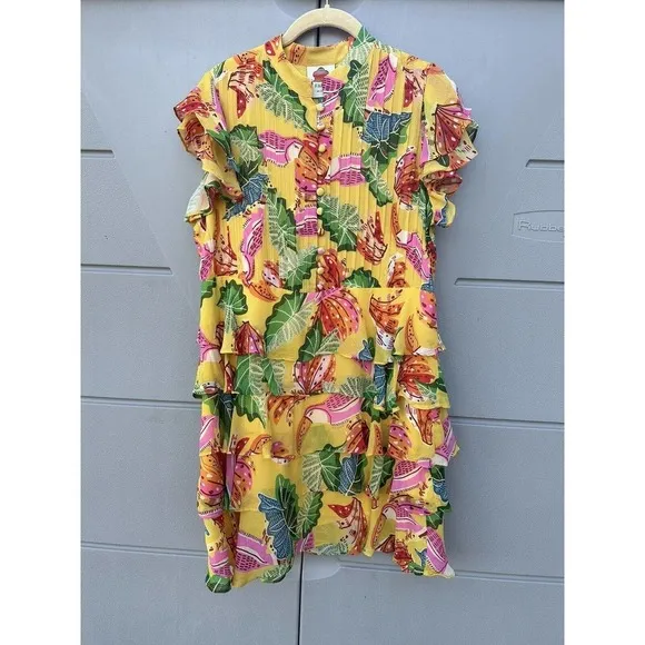 NEW FARM RIO Womens Yellow Beaks And Bananas Ruffles Mini Dress Sz small