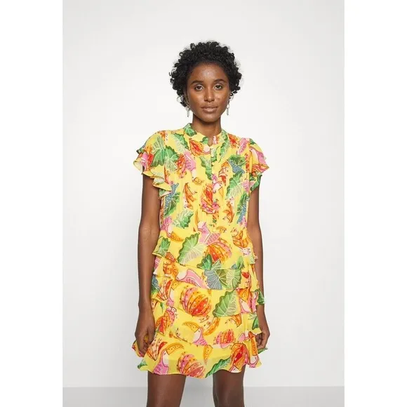 NEW FARM RIO Womens Yellow Beaks And Bananas Ruffles Mini Dress Sz small