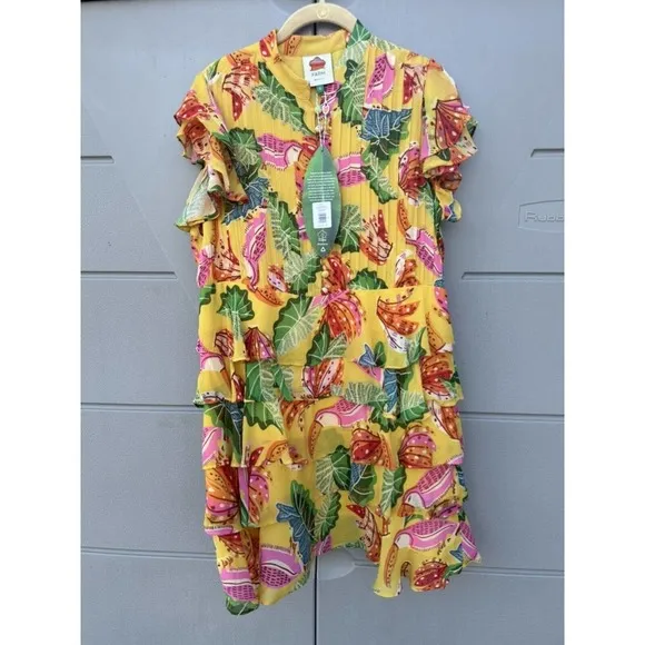 NEW FARM RIO Womens Yellow Beaks And Bananas Ruffles Mini Dress Sz small