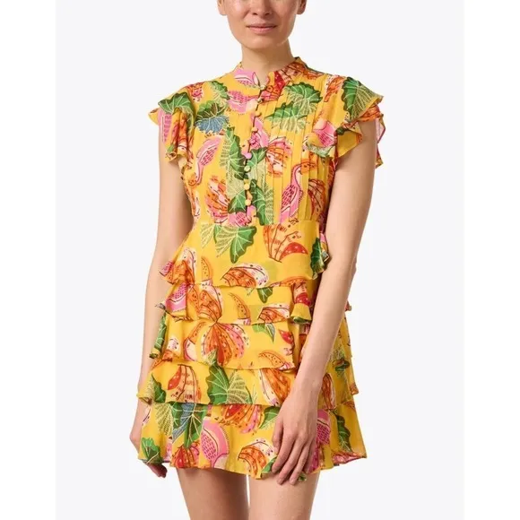 NEW FARM RIO Womens Yellow Beaks And Bananas Ruffles Mini Dress Sz small