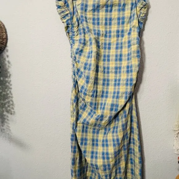 NEW Free People Brandie Plaid Midi Strapless Medium Blue Academia Ruched Boho