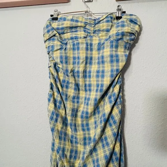NEW Free People Brandie Plaid Midi Strapless Medium Blue Academia Ruched Boho