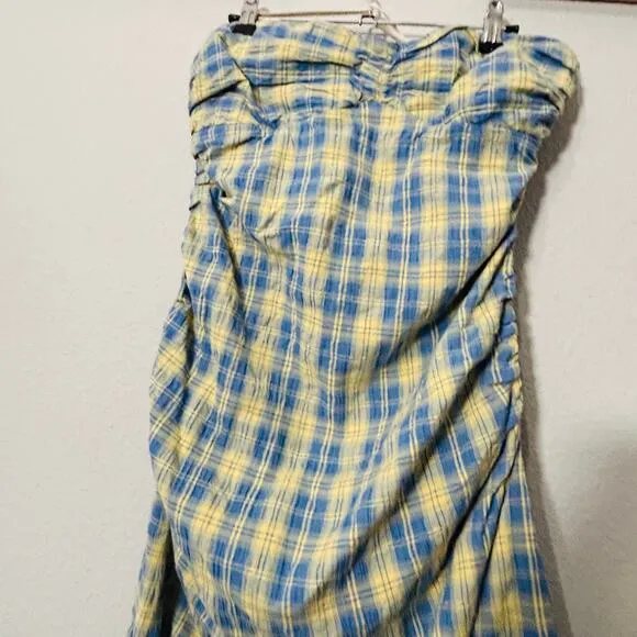 NEW Free People Brandie Plaid Midi Strapless Medium Blue Academia Ruched Boho