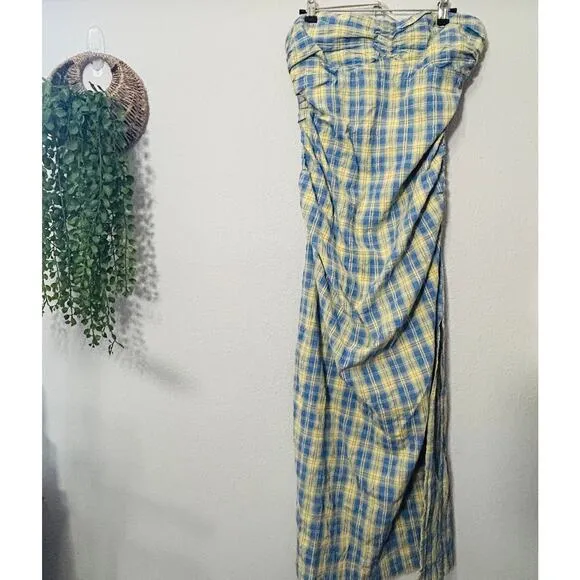 NEW Free People Brandie Plaid Midi Strapless Medium Blue Academia Ruched Boho