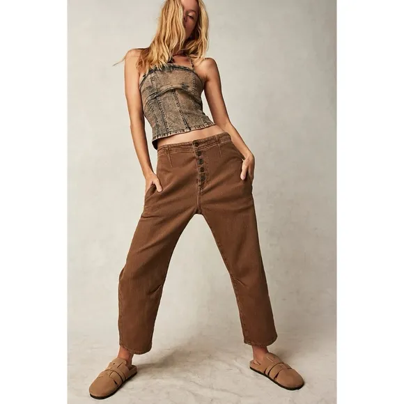 New Free People Osaka Barrel Jeans Mid Rise We The Free in Tee Bark Brown