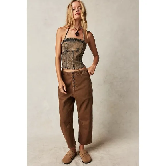 New Free People Osaka Barrel Jeans Mid Rise We The Free in Tee Bark Brown