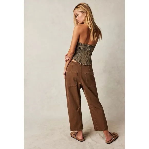 New Free People Osaka Barrel Jeans Mid Rise We The Free in Tee Bark Brown