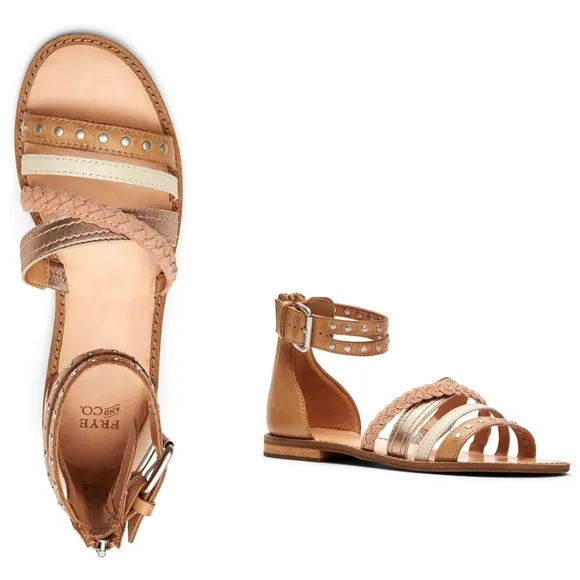 New! FRYE Women's Evie Studded Braided Leather Suede Ankle Strap Flat Sandals
