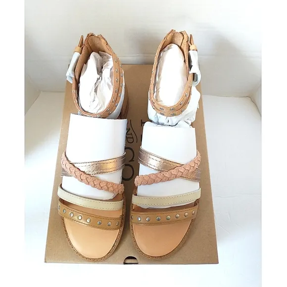 New! FRYE Women's Evie Studded Braided Leather Suede Ankle Strap Flat Sandals