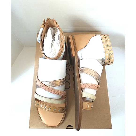 New! FRYE Women's Evie Studded Braided Leather Suede Ankle Strap Flat Sandals