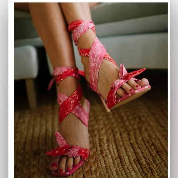 NEW Gianni Bini X DANNIJO Misch Bandana Colorblock Print Ankle Wrap Bow Sandals