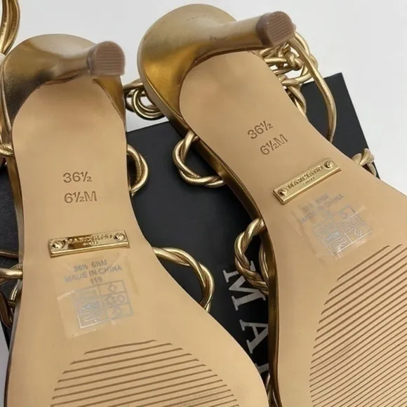 New in Box Marciano gold ankle wrap 4 in heel sandals size 6.5