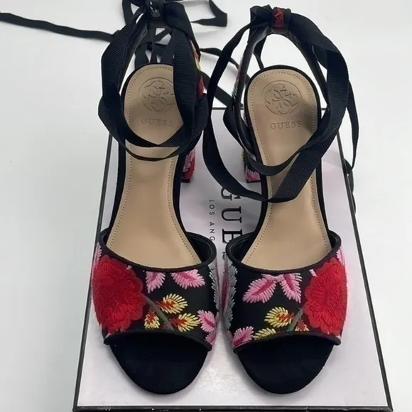 New in box NANAN ANKLE WRAP SANDALS red black flowers new in box size 7