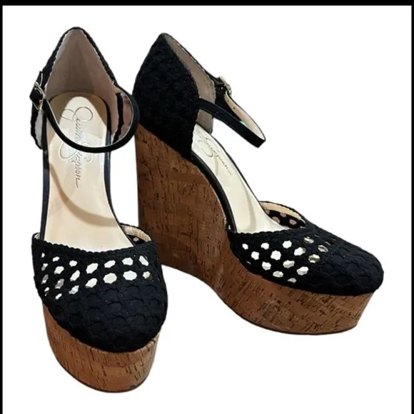 NEW Jessica Simpson Marshela Ankle-Strap Platform Wedge Sandals Black Sz 8