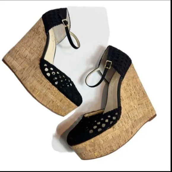 NEW Jessica Simpson Marshela Ankle-Strap Platform Wedge Sandals Black Sz 8
