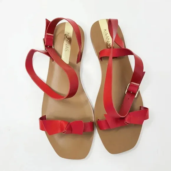 New Kaanas Red Leather Leblon Ankle Wrap Bow Sandals 6