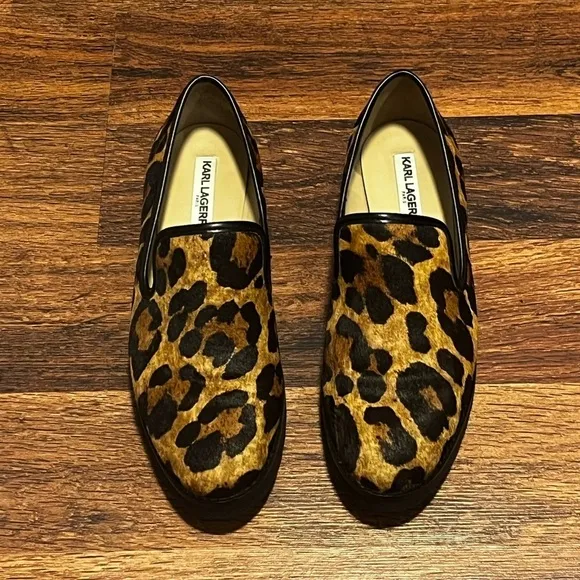 NEW KARL LAGERFELD Paris Leopard Print Calf-Hair Loafers Size 6:5
