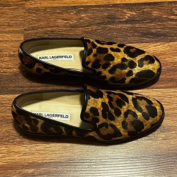NEW KARL LAGERFELD Paris Leopard Print Calf-Hair Loafers Size 6:5