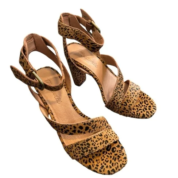 New! Madewell The Liv Sandal Heels in Mini Leopard Calf Hair Ankle Strap