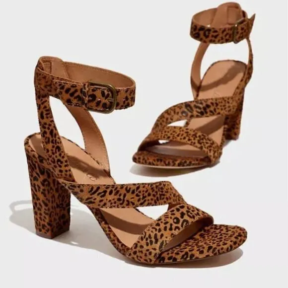 New! Madewell The Liv Sandal Heels in Mini Leopard Calf Hair Ankle Strap