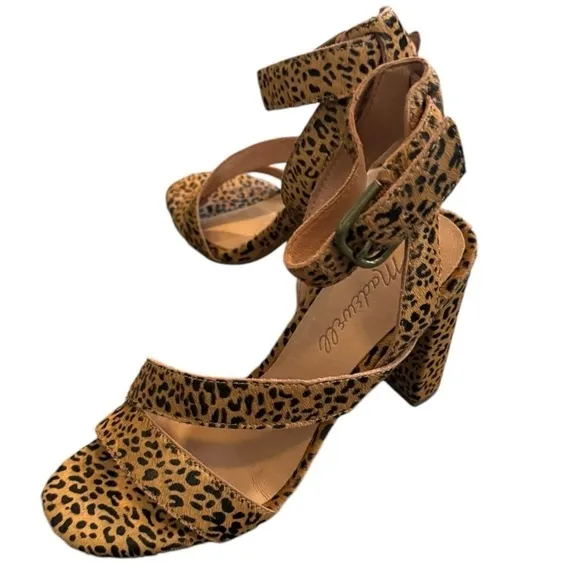 New! Madewell The Liv Sandal Heels in Mini Leopard Calf Hair Ankle Strap