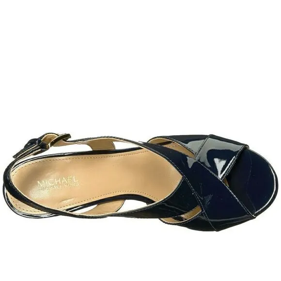 New! MICHAEL KORS Women's Patent Leather Slingback Sandals Size 6 Navy Blue