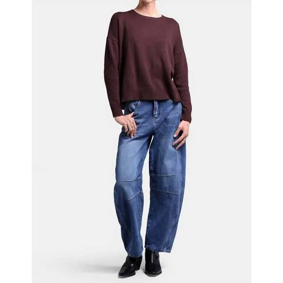 NEW MINNIE ROSE cotton cashmere boxy crew neck sweater in chocolate