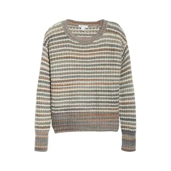 NEW NORDSTROM signature wool mohair crew neck stripe sweater in gray, white