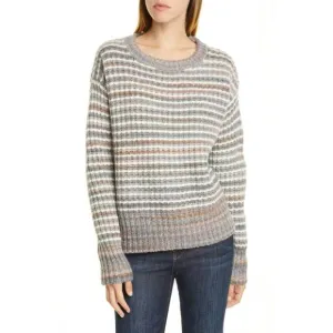 NEW NORDSTROM signature wool mohair crew neck stripe sweater in gray, white