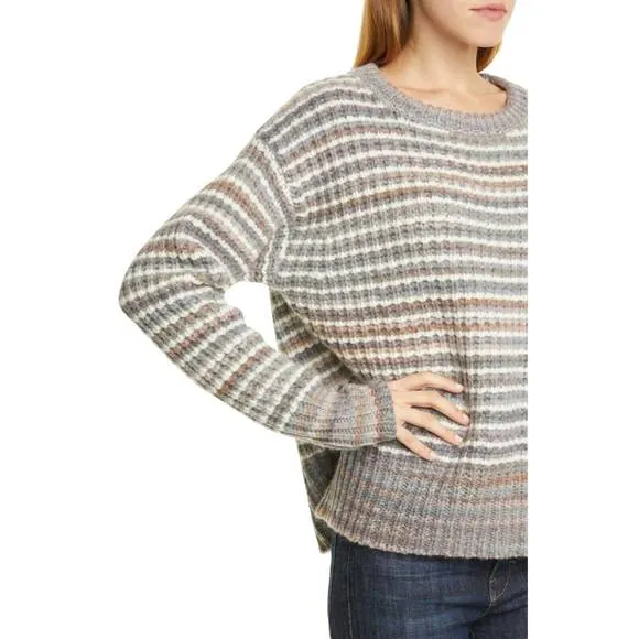 NEW NORDSTROM signature wool mohair crew neck stripe sweater in gray, white