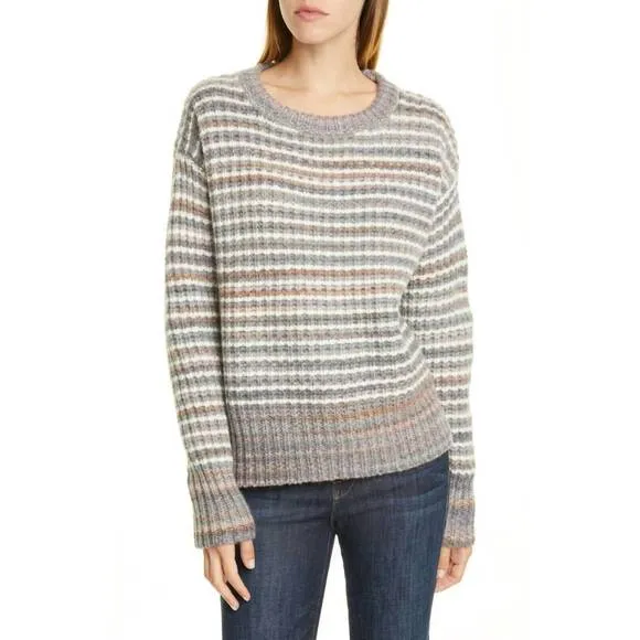 NEW NORDSTROM signature wool mohair crew neck stripe sweater in gray, white