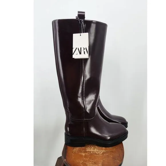 New NWT Zara Ox Blood Burgandy Knee High Pull On Boots Size 10