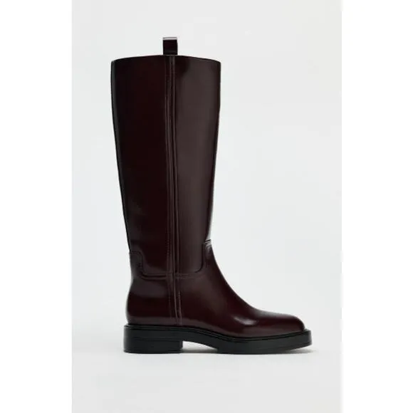New NWT Zara Ox Blood Burgandy Knee High Pull On Boots Size 10
