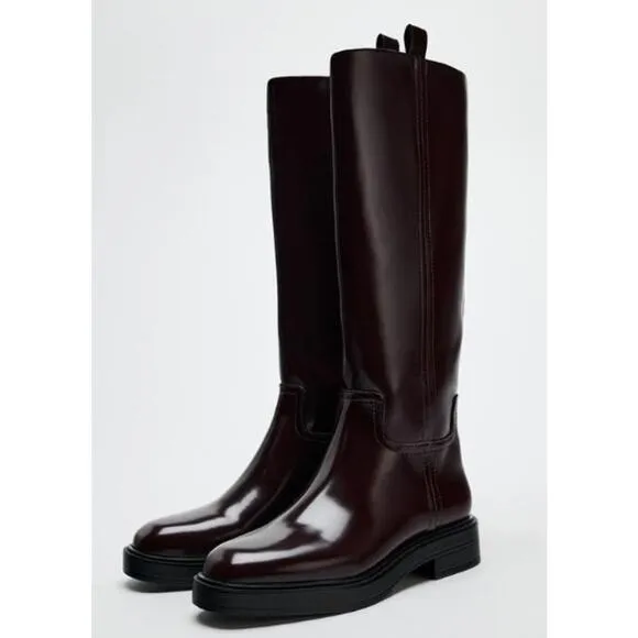 New NWT Zara Ox Blood Burgandy Knee High Pull On Boots Size 10