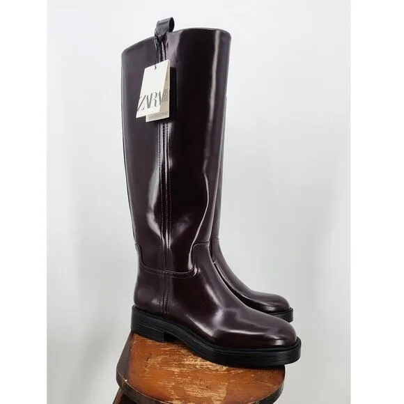 New NWT Zara Ox Blood Burgandy Knee High Pull On Boots Size 10