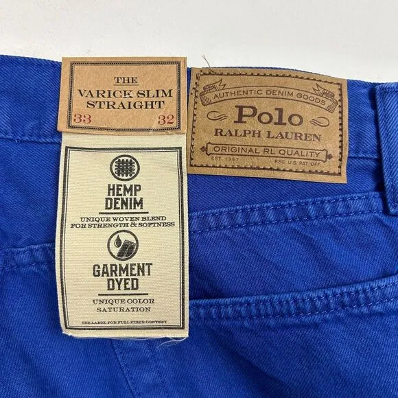 NEW Polo Ralph Lauren Varick Slim Straight Hemp Mens 33x32 Denim Blue Jeans Blue
