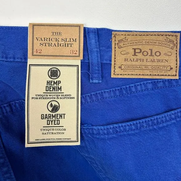 NEW Polo Ralph Lauren Varick Slim Straight Hemp Mens 42x32 Denim Blue Jeans Blue