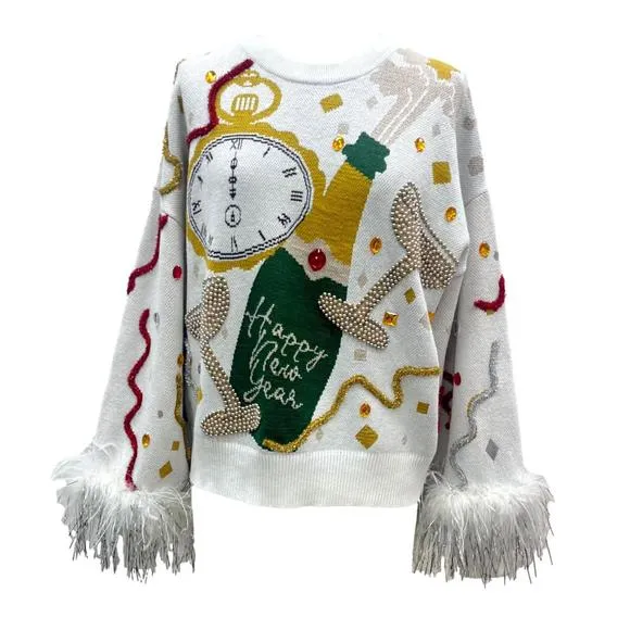 NEW QUEEN OF SPARKLES oversized champagne popping feather sweater in white