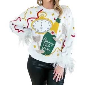NEW QUEEN OF SPARKLES oversized champagne popping feather sweater in white
