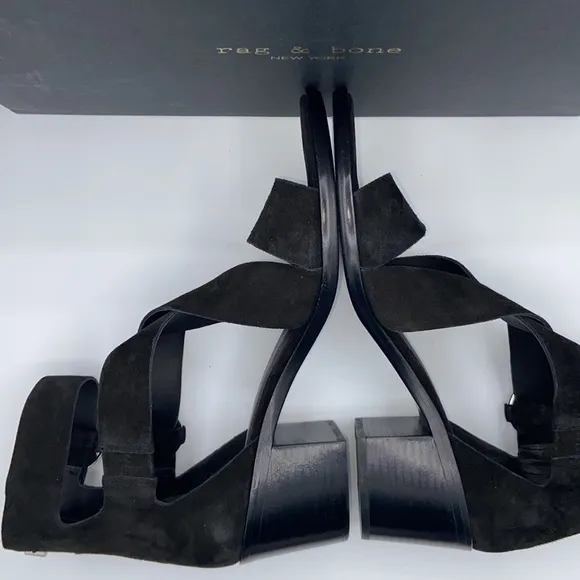 NEW! rag &amp; bone MARI Black Suede Leather Block Heels Ankle Strap Sandals 41/11
