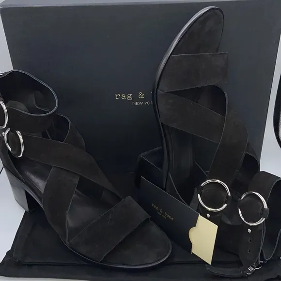 NEW! rag &amp; bone MARI Black Suede Leather Block Heels Ankle Strap Sandals 41/11