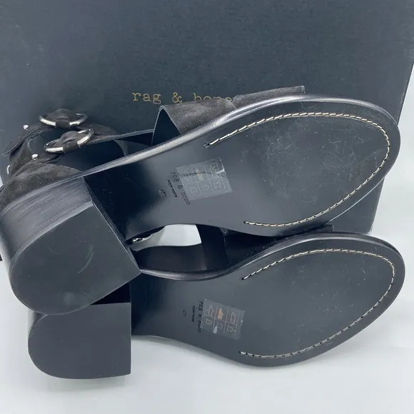 NEW! rag &amp; bone MARI Black Suede Leather Block Heels Ankle Strap Sandals 41/11