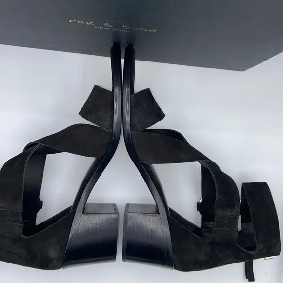 NEW! rag &amp; bone MARI Black Suede Leather Block Heels Ankle Strap Sandals 41/11